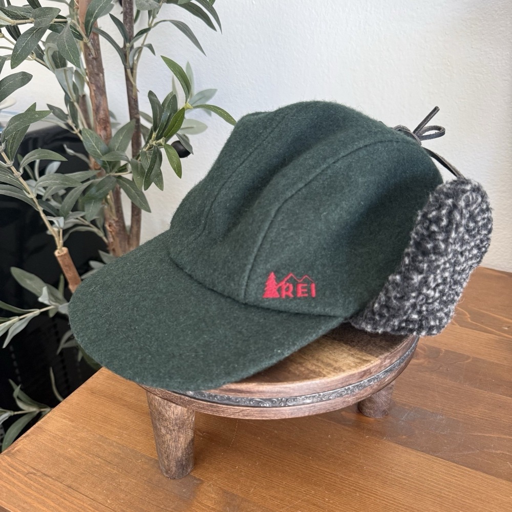VTG REI Wool Ear Flap Hunting Cap Duck Bill Fleece Trapper Hat Green USA Mens S